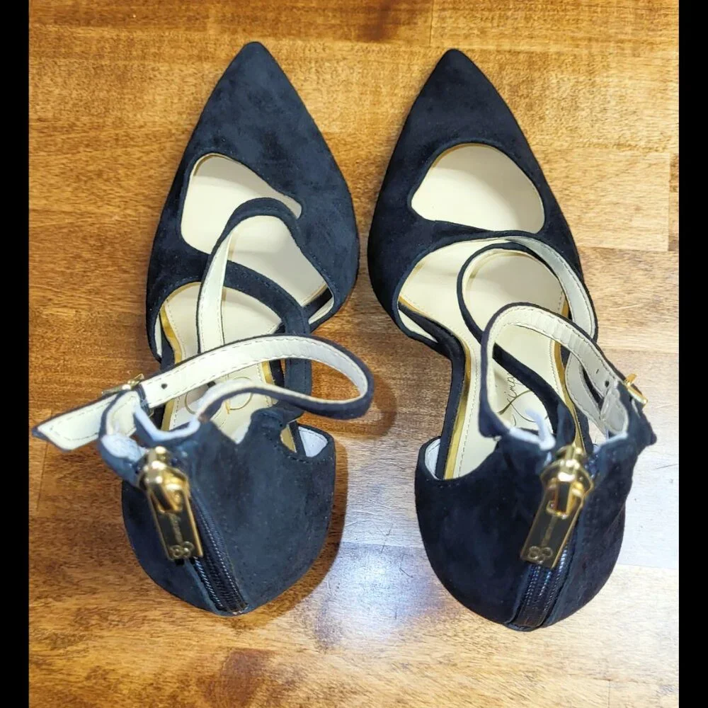 USED Women's Jessica Simpson Wynnley Black Lux Suede Strappy Stiletto Heels 8.5M - Picture 10 of 16